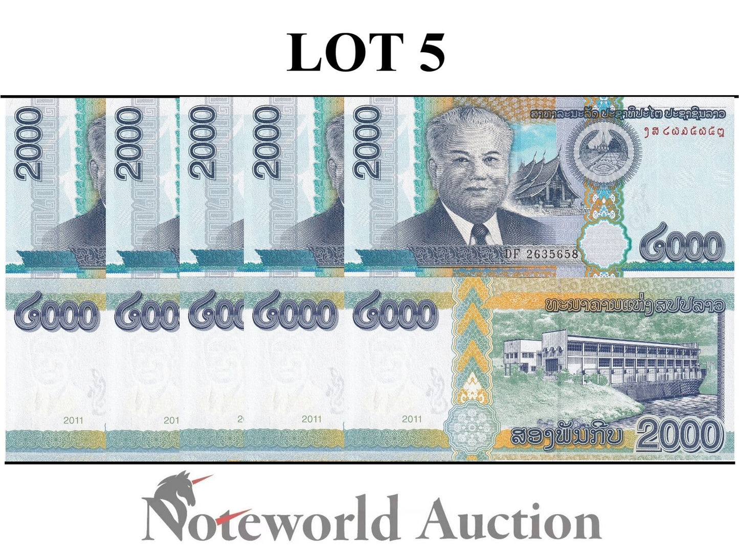 LAOS Lot 5 pcs 1/20 Bundle - 2000 Kip 2011 P 41 UNC