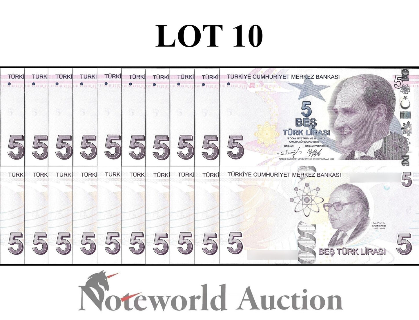 TURKEY Lot 10 pcs 1/10 Bundle - 5 Turk Lirasi 2009/2022 P 222 UNC