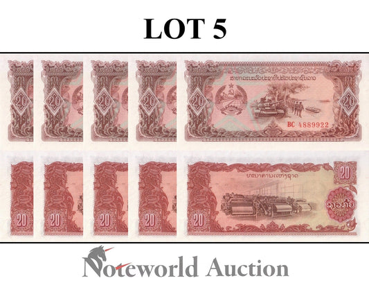 LAOS 20 Kip ND 1979 P 28  Lot 5 pcs 1/20 Bundle UNC