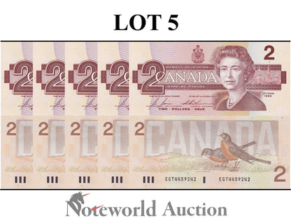 CANADA Lot 5 pcs 1/20 Bundle - 2 Dollars 1986 P 94 Queen Elizabeth II UNC