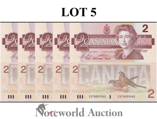 CANADA Lot 5 pcs 1/20 Bundle - 2 Dollars 1986 P 94 Queen Elizabeth II UNC
