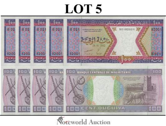 MAURITANIA 100 Ouguiya 2002 P 4k  Lot 5 pcs 1/20 Bundle UNC