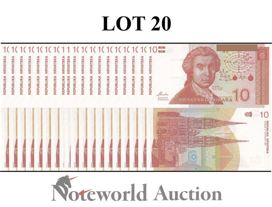 CROATIA  Lot 20 pcs 1/5 Bundle - 10 Hrvatskih Dinara 1991 P 18 UNC