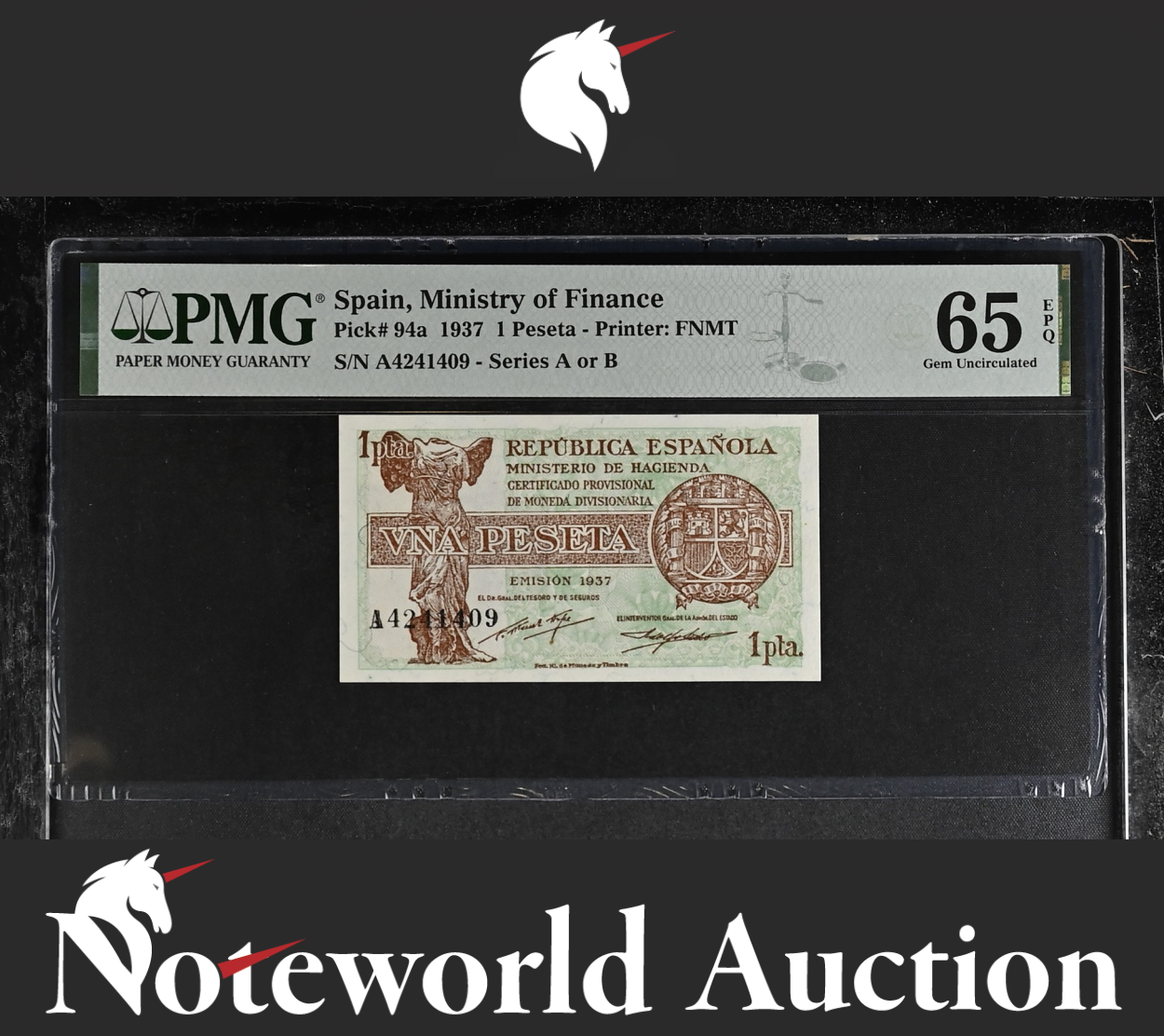 Spain 1 Peseta 1937 P 94a Series A UNC PMG 65 EPQ NR 3rd TOP POP