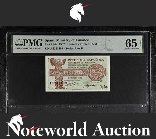 Spain 1 Peseta 1937 P 94a Series A UNC PMG 65 EPQ NR 3rd TOP POP