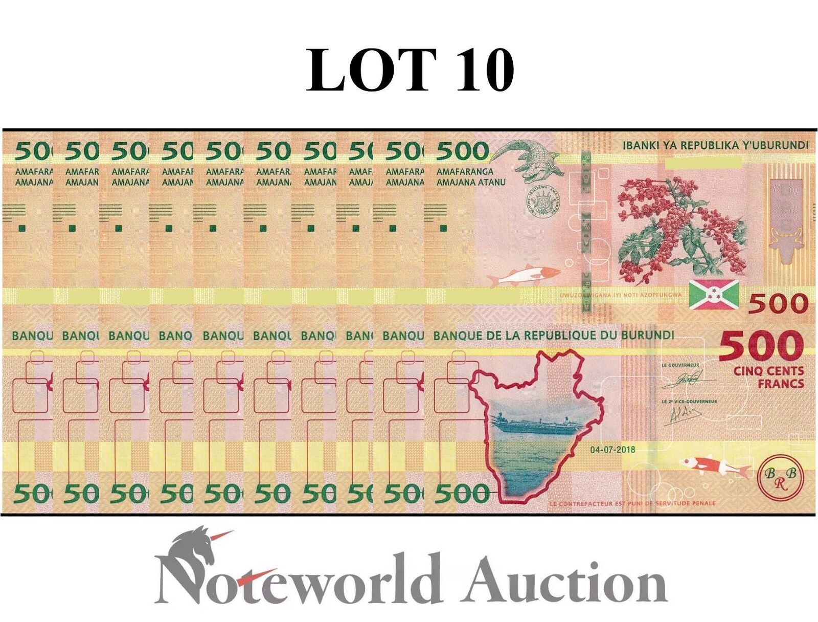 BURUNDI Lot 10 pcs 1/10 Bundle - 500 Francs 2018 P 50 UNC