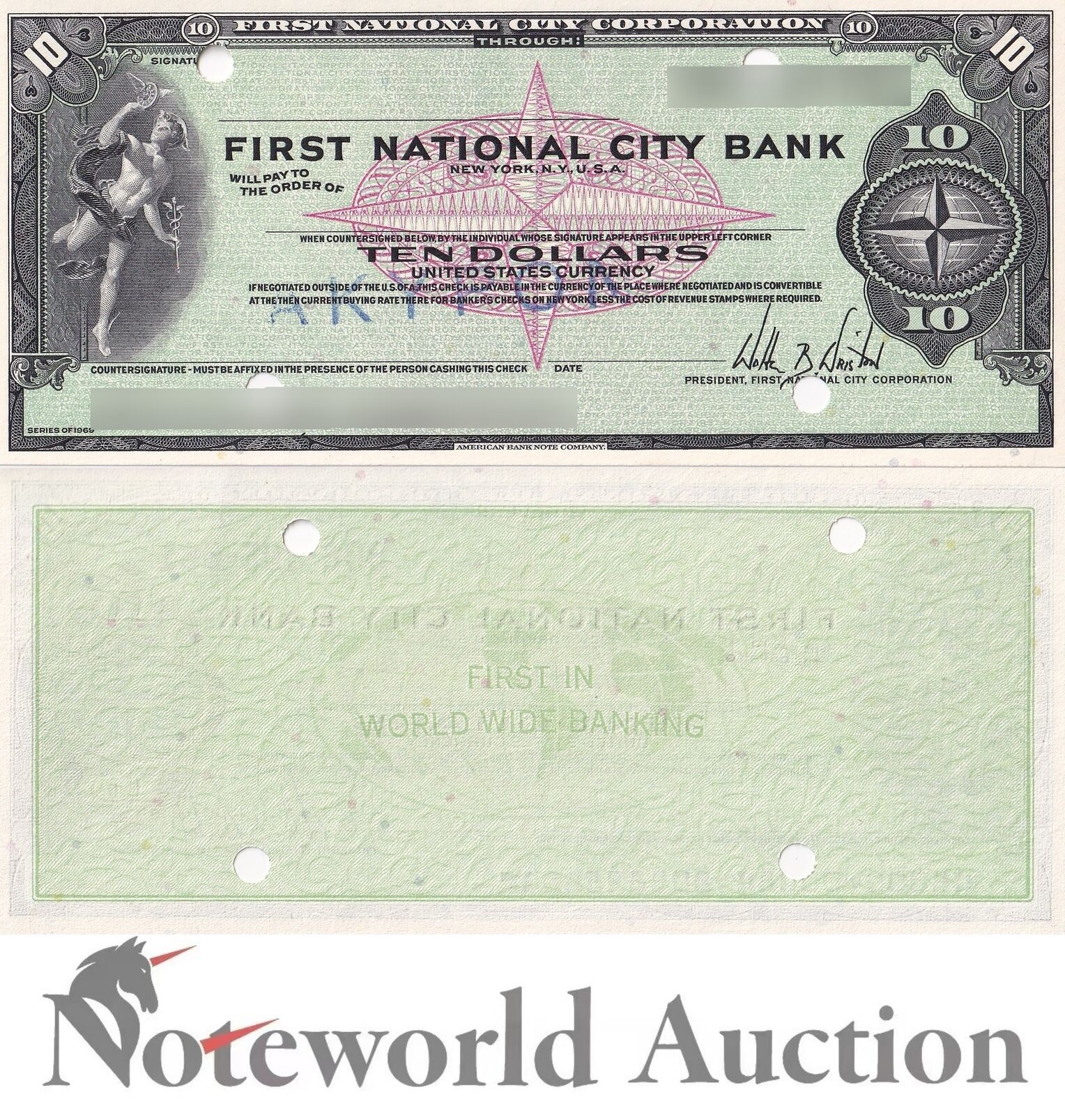 UNITED STATES USA TEST NOTE - 10 1969 First National City Corp. Bank Cheque UNC