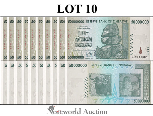 ZIMBABWE 50000000 Dollars 2008 P 79 Prefix AA Lot 10 pcs 1/10 Bundle UNC