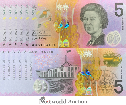 AUSTRALIA Set 6 pcs - 5 Dollars 2016 P 62 Polymer Matching S/N UNC