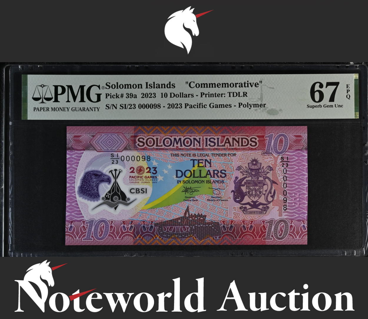 Solomon Islands COMM. 10 Dollars 2023 P 39a Polymer LOW S/N 98 UNC PMG 67 EPQ