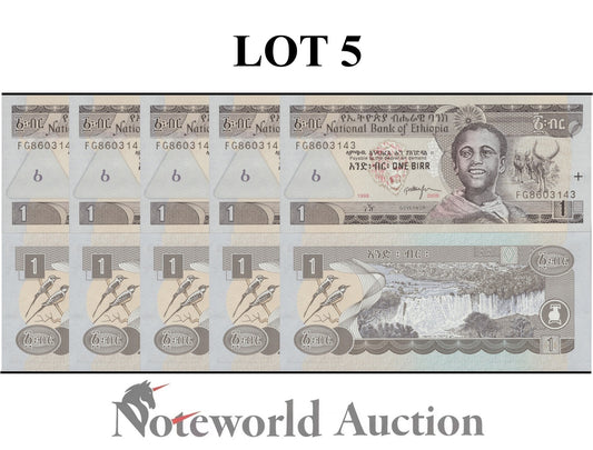 ETHIOPIA 1 Birr 1998/2006 P 46d Lot 5 pcs 1/20 Bundle UNC