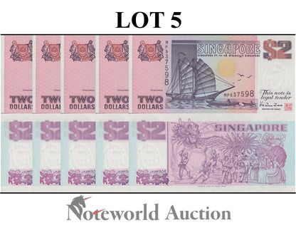 SINGAPORE 2 Dollars ND 1997 P 34 Lot 5 pcs 1/20 Bundle UNC