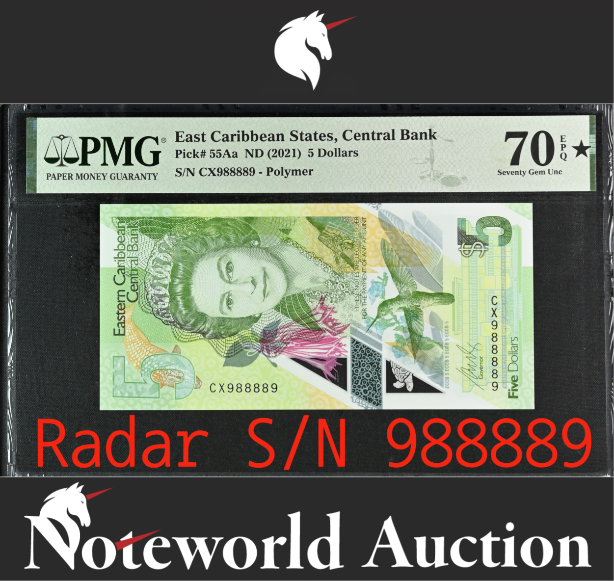 East Caribbean States 5 2021 P 55Aa Polymer TOP POP Radar S/N 988889 PMG 70 EPQ