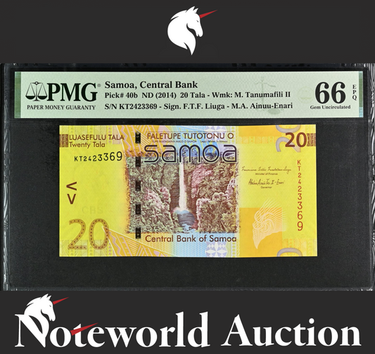 Samoa Central Bank 20 Tala ND (2014) P 40b UNC PMG 66 EPQ 3rd TOP POP
