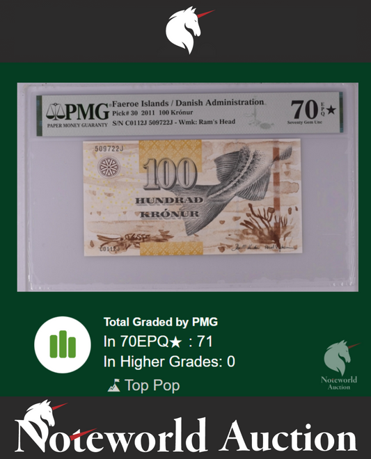 Faeroe Islands / Danish Admin 100 Kronur 2011 P 30 UNC PMG 70 EPQ STAR TOP POP