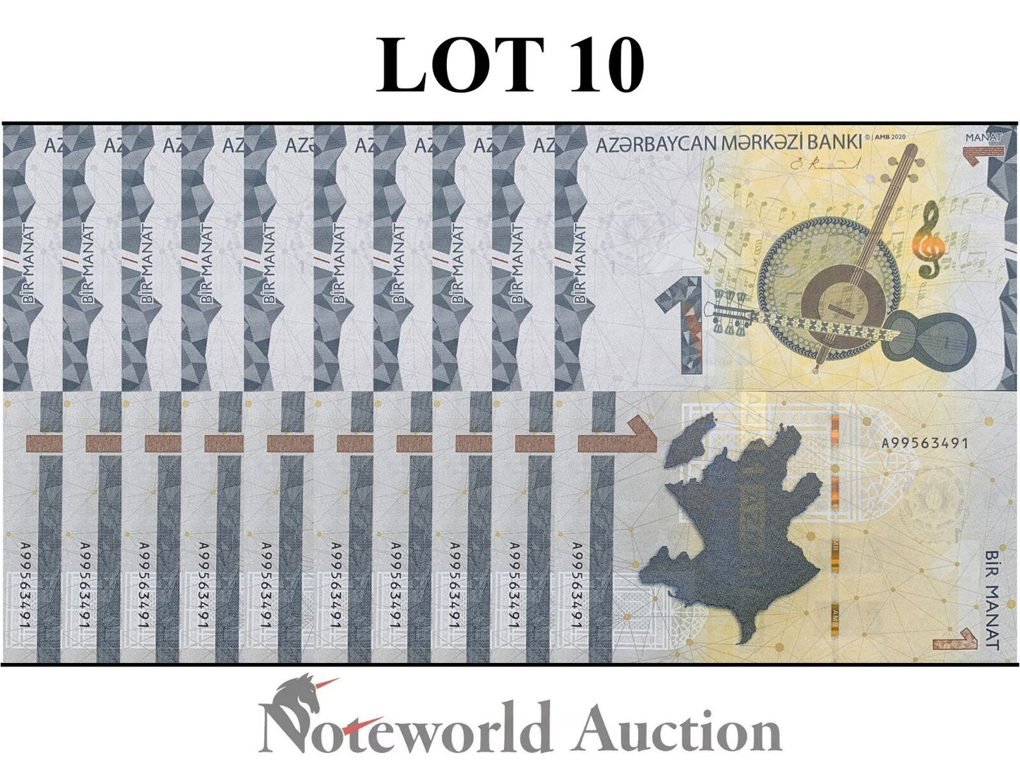 AZERBIJAN Lot 10 pcs 1/10 Bundle - 1 Manat 2020 P 38 Frist Prefix A UNC