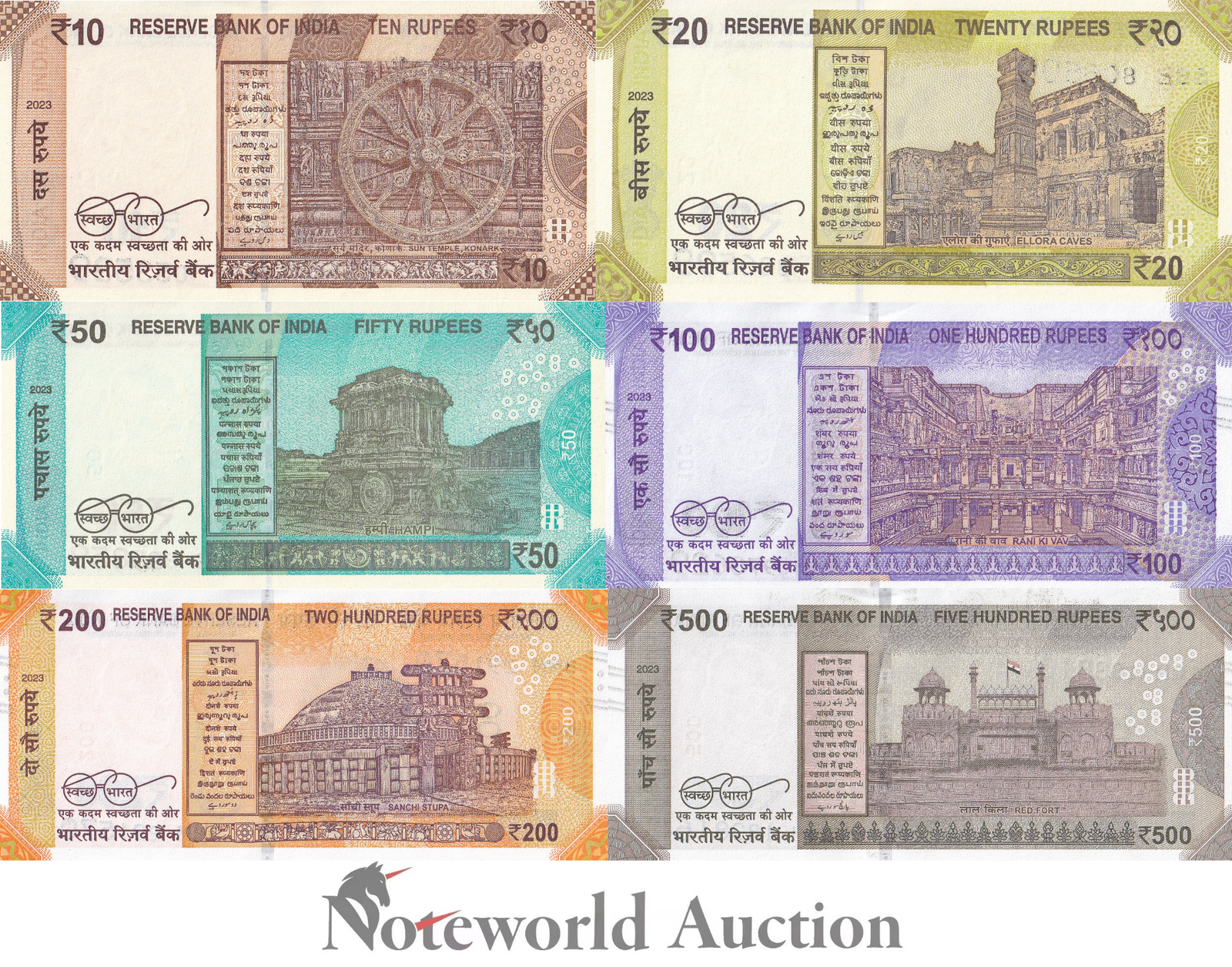 INDIA Set 6 pcs - 10 20 50 100 200 500 Rupees 2023 P 109 110 111 112 113 114 UNC