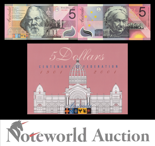 AUSTRALIA 5 Dollars 1901-2001 P 56b COMM. Polymer Prefix AA With Folder UNC