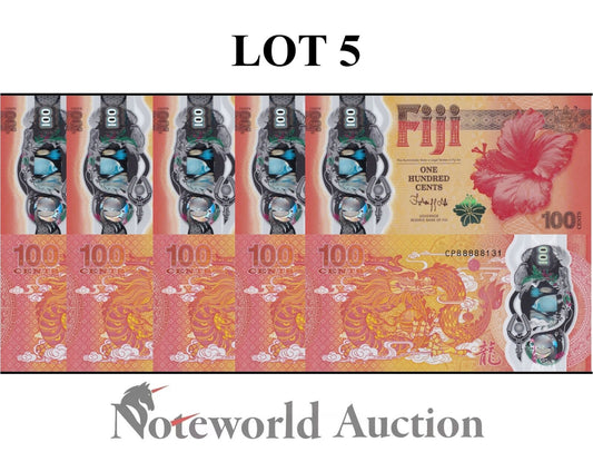 FIJI COMM. Lot 5 pcs  - 100 ND 2023 P 124 Polymer W/O 4/7 Fancy No. 88888XXX UNC