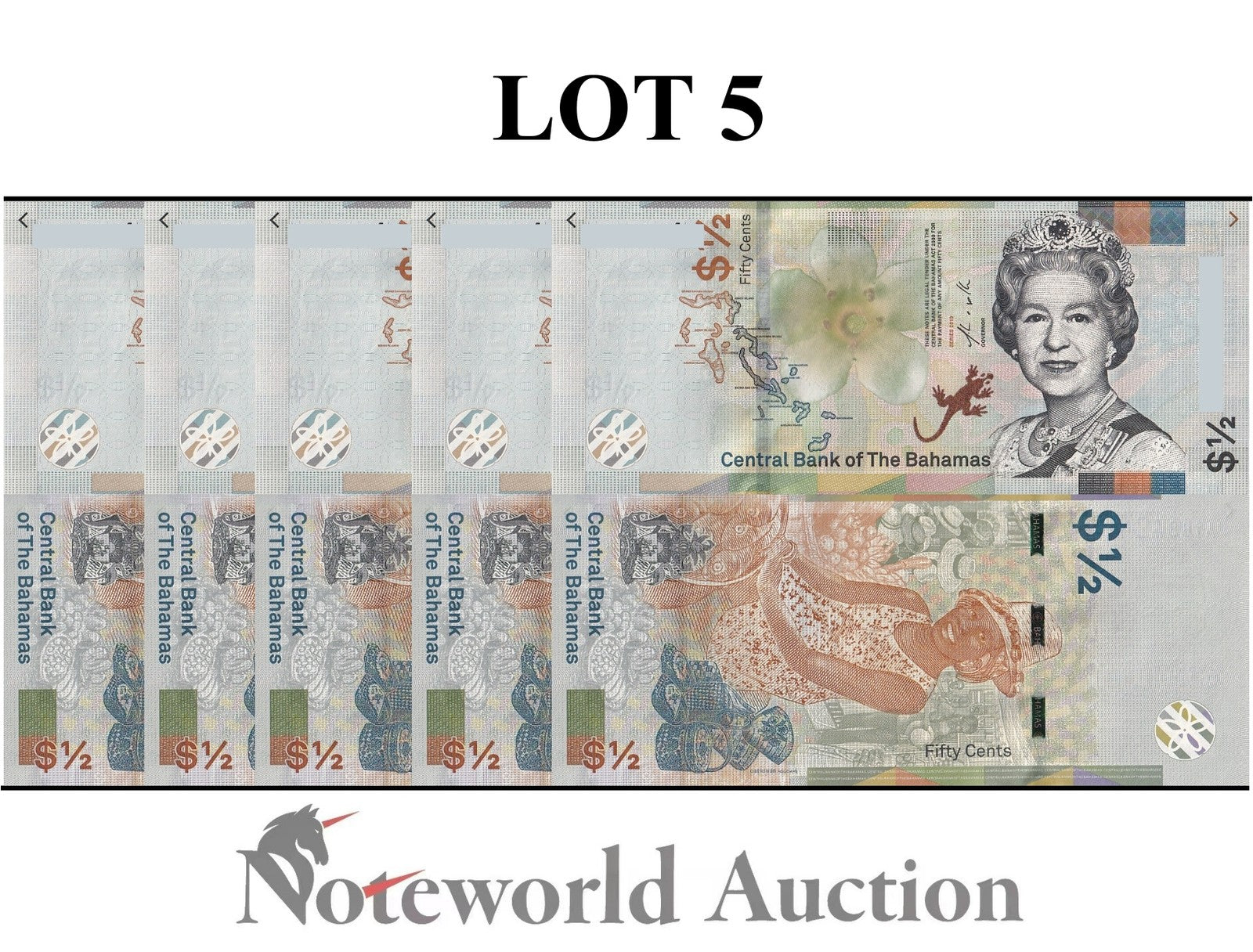 BAHAMAS 1/2 Dollar 2019 P A77 QEII Lot 5 pcs 1/20 Bundle UNC