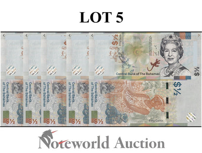 BAHAMAS 1/2 Dollar 2019 P A77 QEII Lot 5 pcs 1/20 Bundle UNC