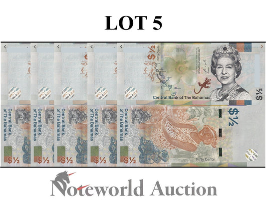 BAHAMAS 1/2 Dollar 2019 P A77 QEII Lot 5 pcs 1/20 Bundle UNC