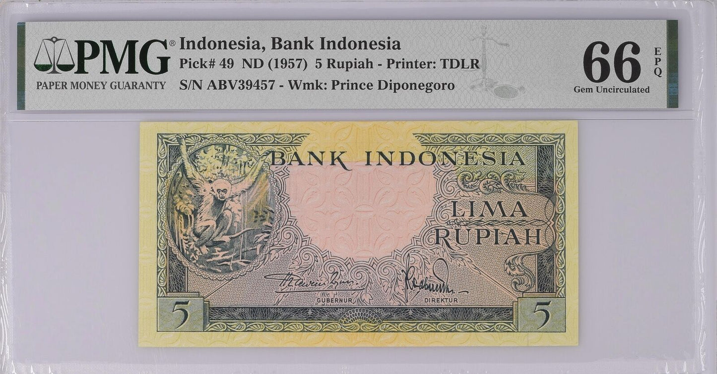 INDONESIA 5 Rupiah 1957 P 49 UNC PMG 66 EPQ