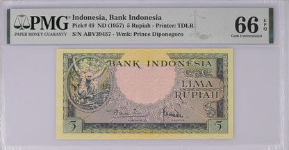 INDONESIA 5 Rupiah 1957 P 49 UNC PMG 66 EPQ