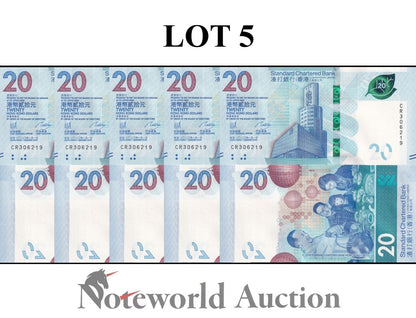 HONG KONG SCB Lot 5 pcs 1/20 Bundle - 20 Dollars 2020 P 302 UNC