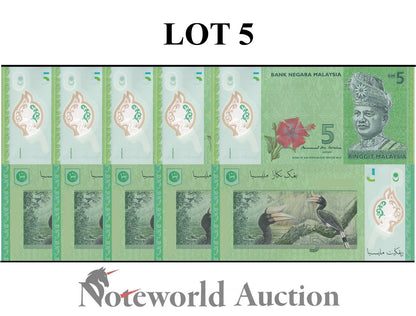 MALAYSIA 5 Ringgit 2017 P 52b Polymer Lot 5 pcs 1/20 Bundle UNC