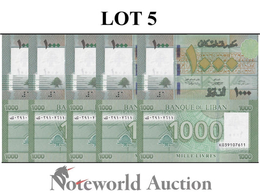 LEBANON Lot 5 pcs 1/20 Bundle - 1000 Livres 2016 P 90c(1) UNC