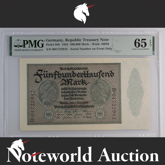 Germany Republic Treasury Note 500,000 Mark 1923 P 88b UNC PMG 65 EPQ