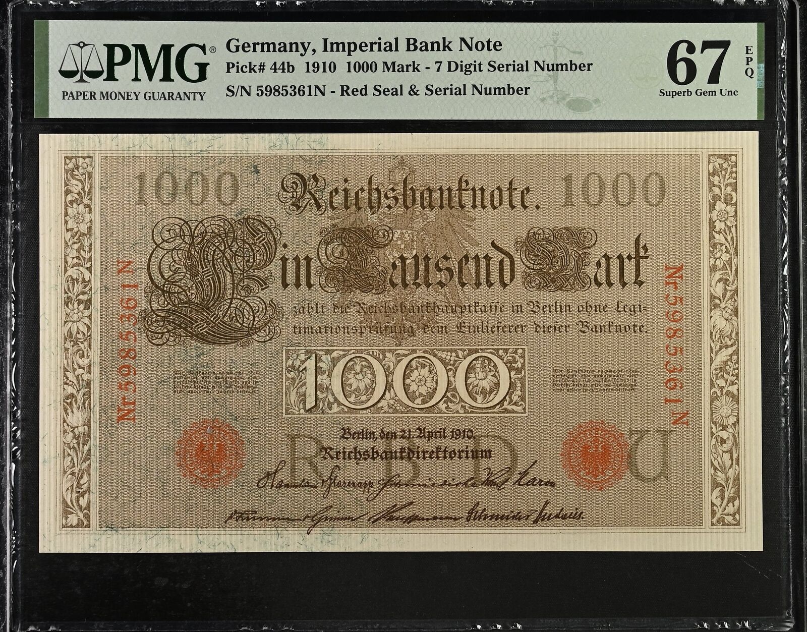 GERMANY IMPERIAL BANK 1000 Mark 1910 P 44b Top POP UNC PMG 67 EPQ