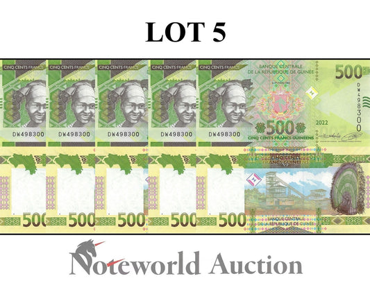 GUINEA 500 Francs 2022 P 52 Lot 5 pcs 1/20 Bundle UNC