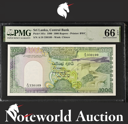 Sri Lanka Central Bank 1000 Rupees 1990 P 101c UNC PMG 66 EPQ 3rd TOP POP