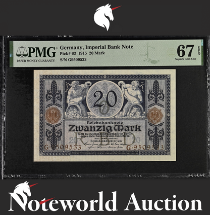 Germany Imperial Bank Note 20 Mark 1915 P 63 UNC PMG 67 EPQ TOP POP