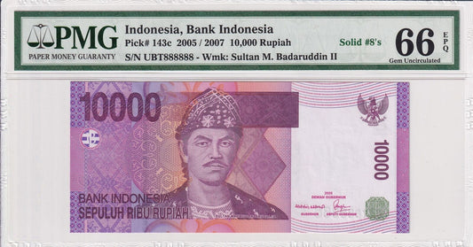 INDONESIA 10000 Rupiah 2005/2007 P 143c Fancy SOLID 8 - 888888 UNC PMG 66 EPQ