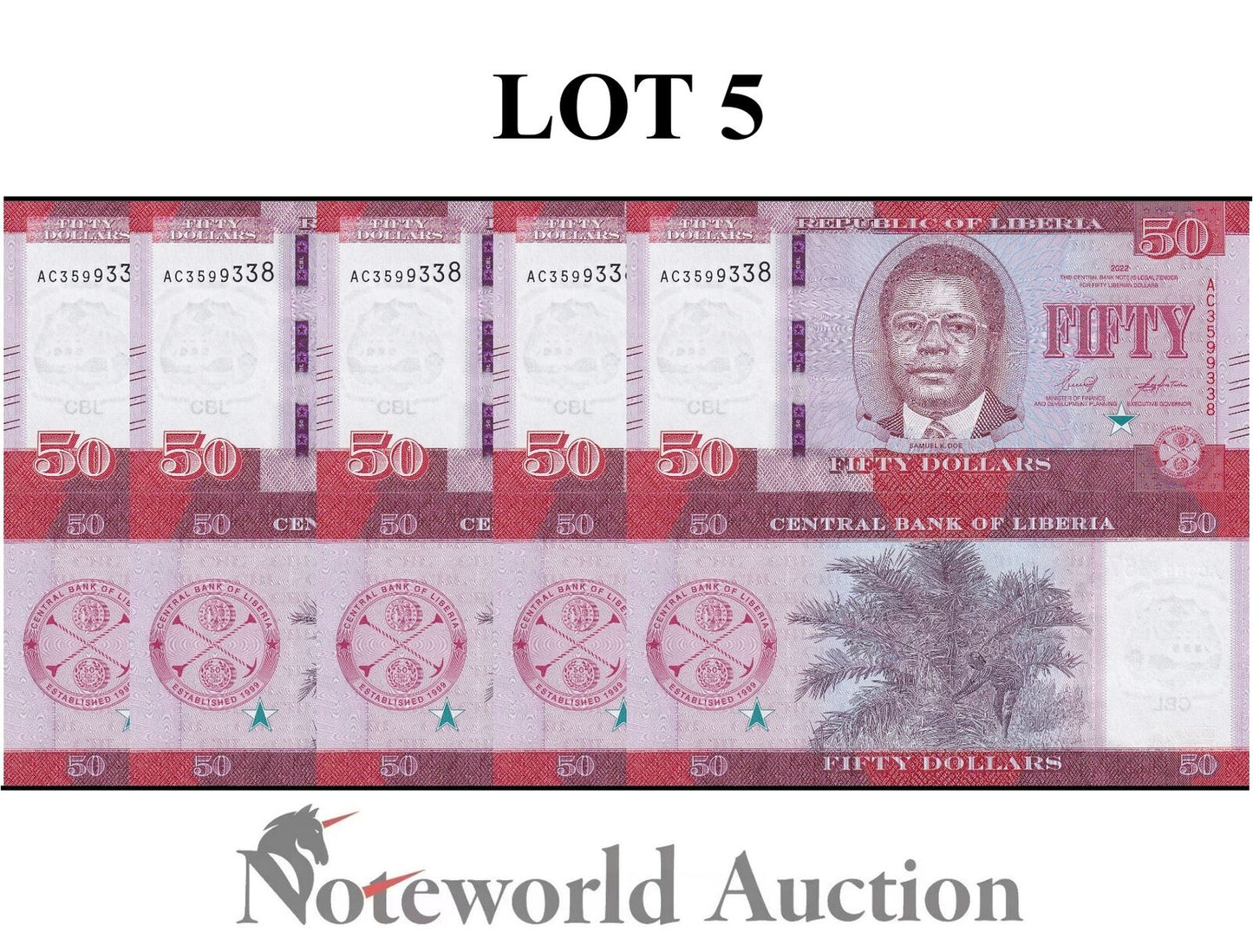 LIBERIA Lot 5 pcs 1/20 Bundle - 50 Dllars 2022 P 40 UNC