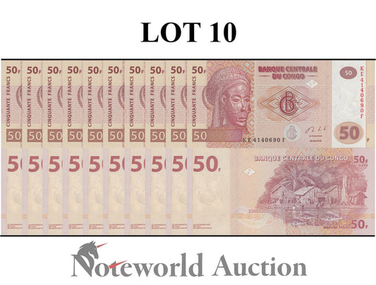CONGO DEMOCRATIC REPUBLIC Lot 10 pcs 1/10 Bundle - 50 Francs 2013 P 97a UNC