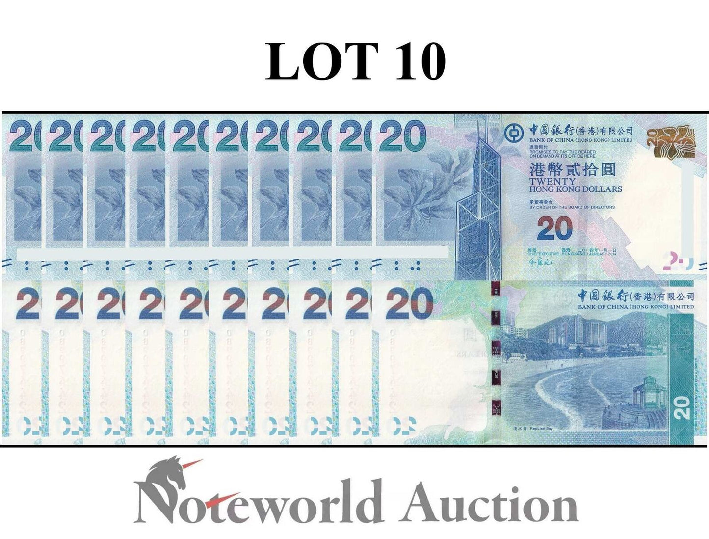 HONG KONG BOC Lot 10 pcs 1/10 Bundle - 20 Dollars 2014 P 341d UNC