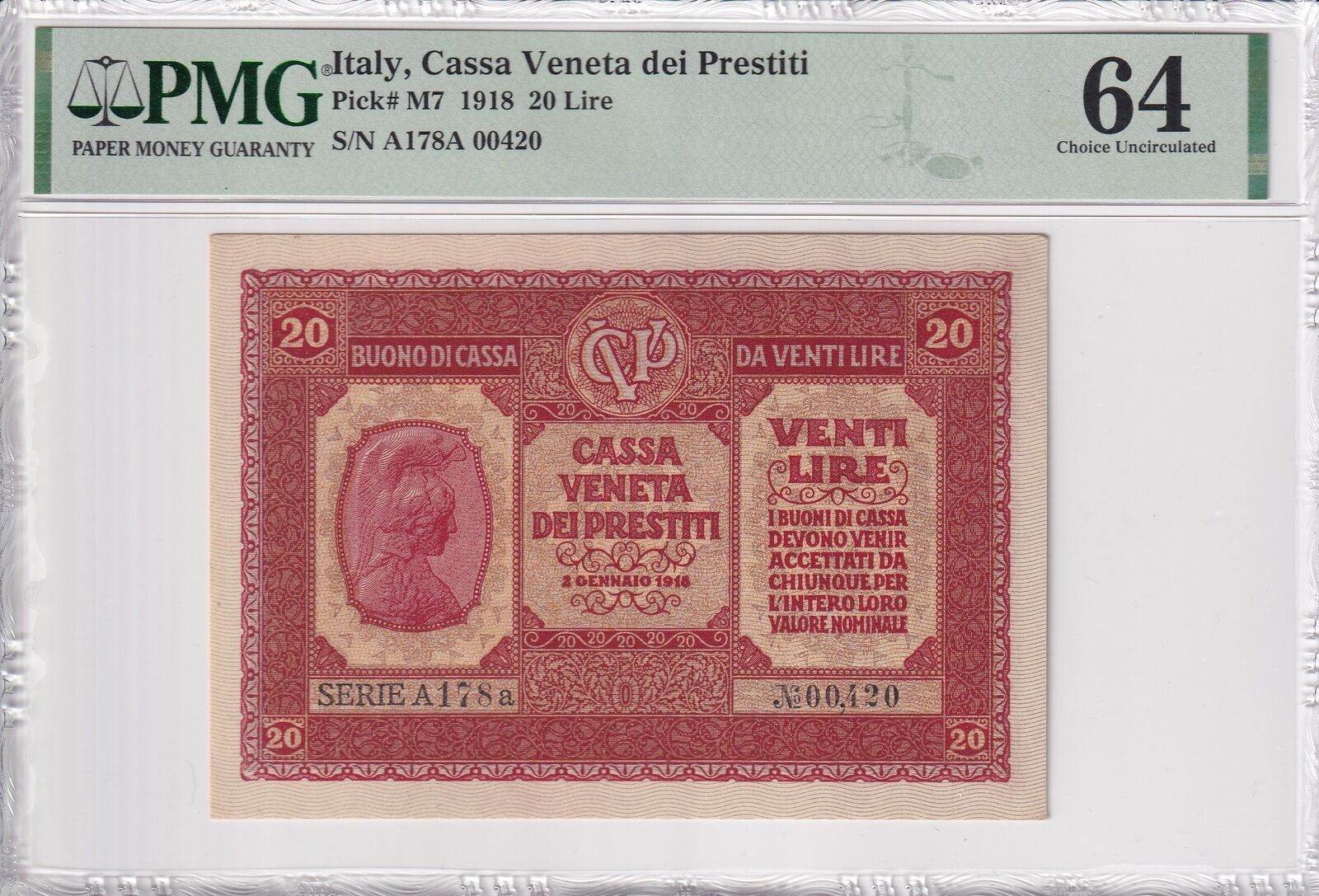 ITALY 20 Lire 1918 P M7 2nd Top UNC PMG 64