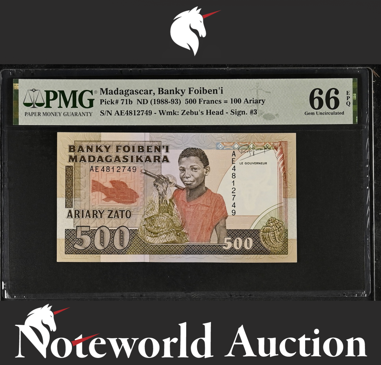 Madagascar 500 Francs 100 Ariary ND (1988-93) P 71b UNC PMG 66 EPQ