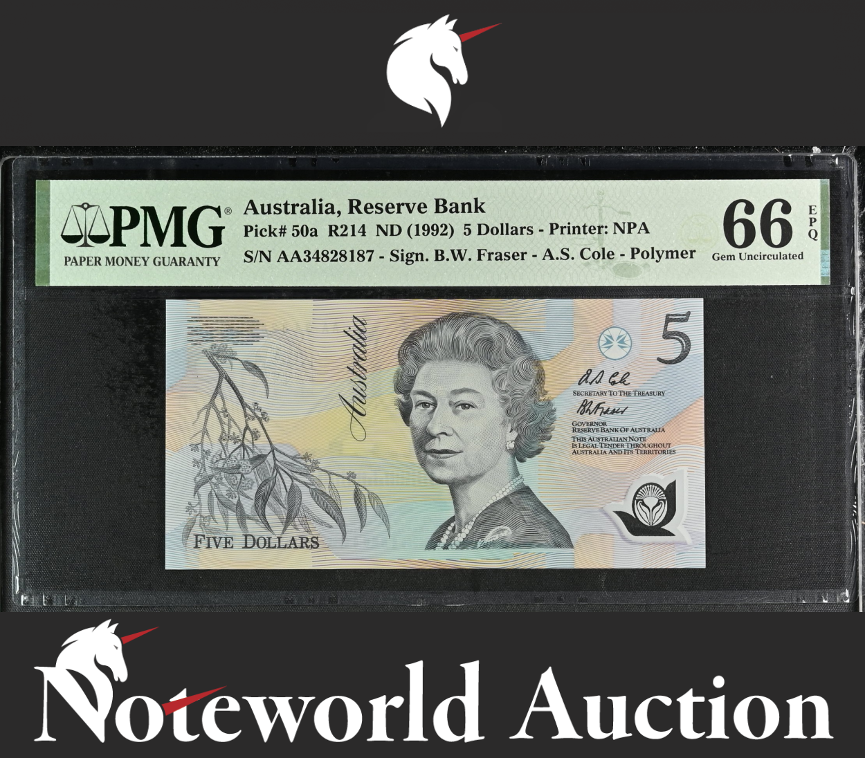 Australia 5 Dollars ND (1992) P 50a Polymer First Prefix AA UNC PMG 66 EPQ