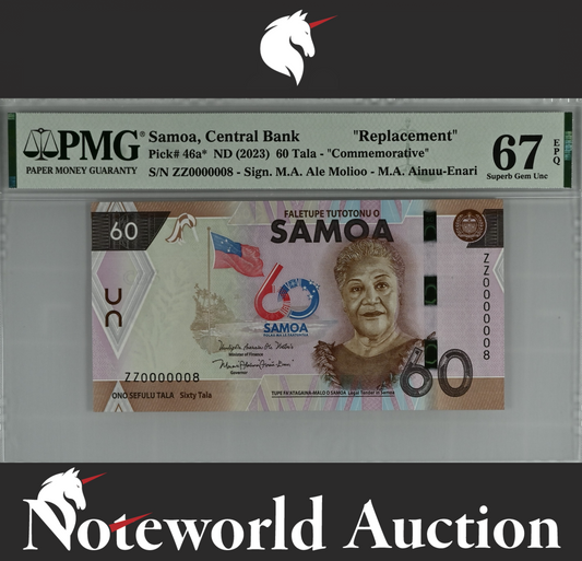 Samoa Replacement Commemorative 60 ND 2023 P 46a* Fancy S/N ZZ 8 UNC PMG 67 EPQ