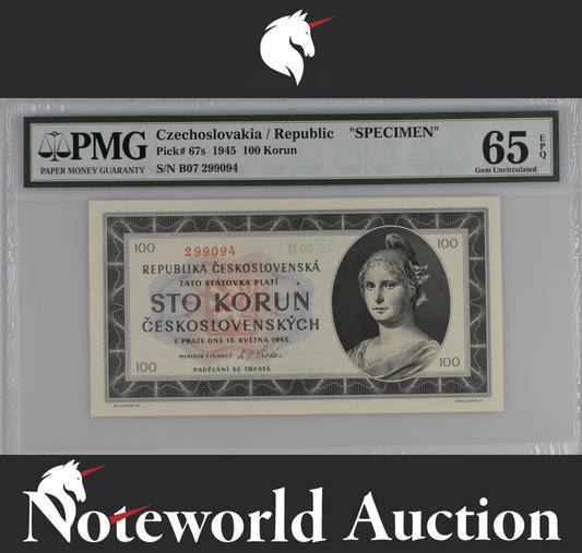Czechoslovakia SPECIMEN 100 Korun 1945 P 67s UNC PMG 65 EPQ 3rd TOP POP