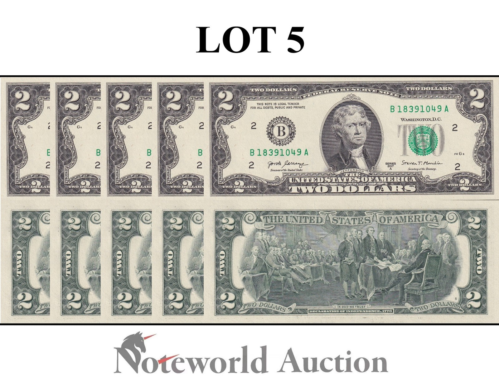 UNITED STATES USA 2 Dollar 2017A P 545 "B" New York Lot 5 pcs 1/20 Bundle UNC
