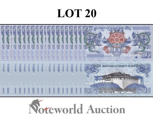 BHUTAN 1 Ngultrum 2013 P 27b Simtokha Dzong Dragons Lot 20 pcs 1/5 Bundle UNC