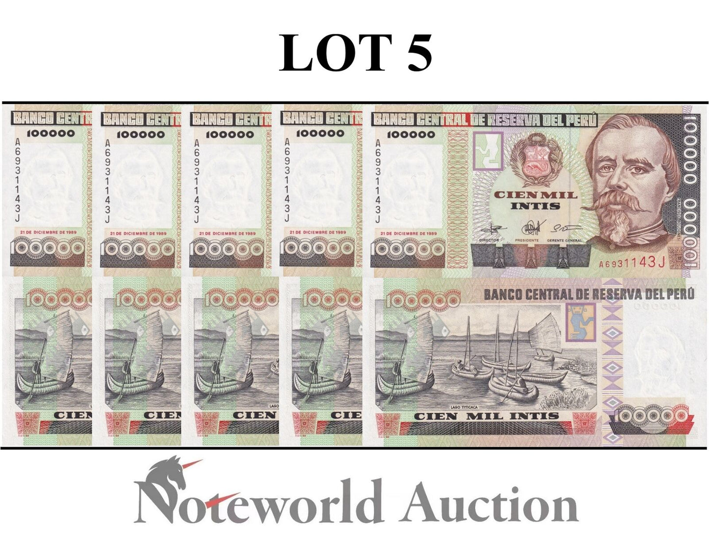 PERU Lot 5 pcs 1/20 Bundle - 100000 Intis 1989 P 145 Foxing UNC