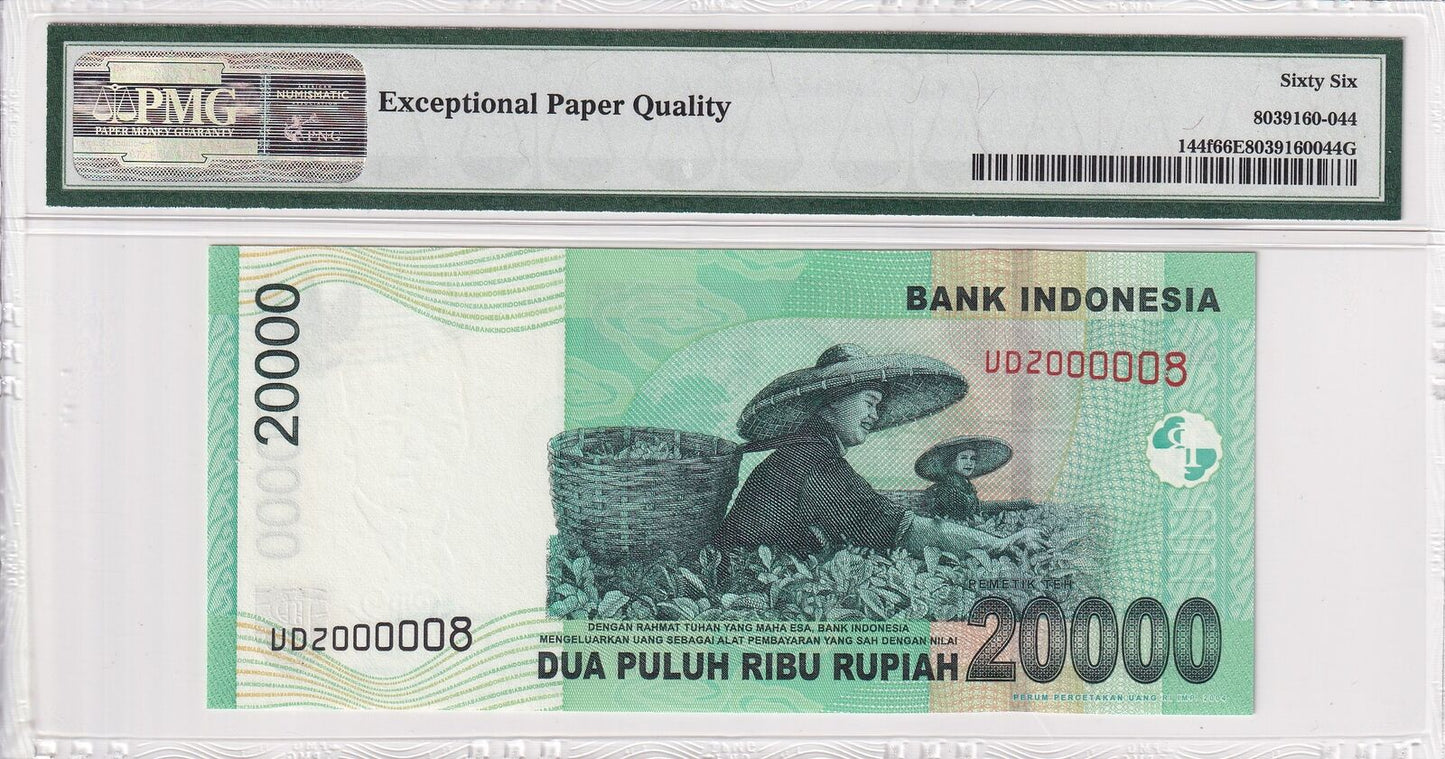 INDONESIA 20000 Rupiah 2004/2009 P 144f Low Serial Number 8 UNC PMG 66 EPQ