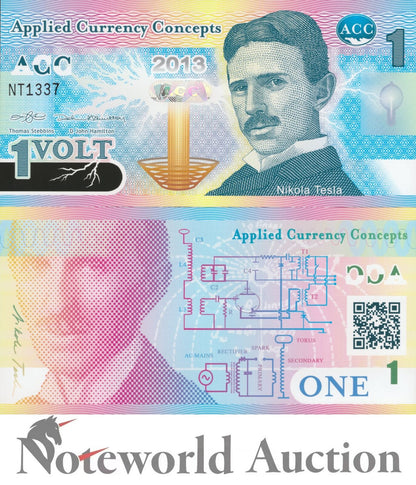 Applied Currency Concepts TEST NOTE - 1 2013 Polymer W/Hologram Nikola Tesla UNC